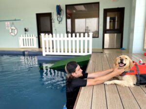 Worker with happy dog in life jacket at pool